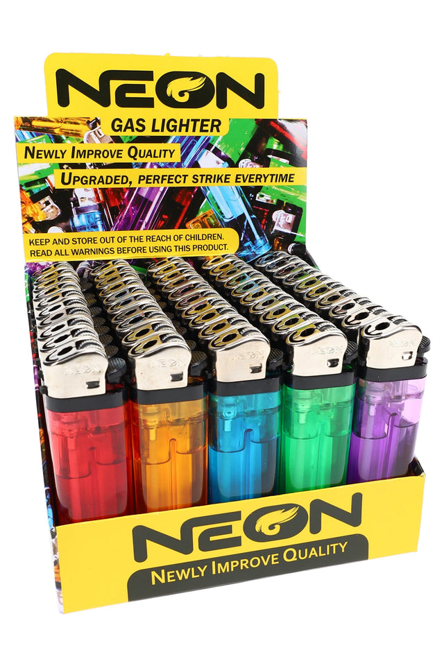 NEON disposable lighter 50-count display tray with assorted translucent colors and metal tops on countertop stand