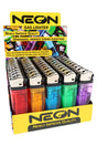 NEON disposable lighter 50-count display tray with assorted translucent colors and metal tops on countertop stand