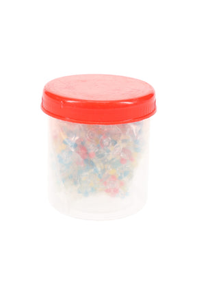 Clear plastic jar with red lid filled with colorful glass daisy pipe screens, shown against a white background.