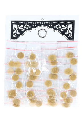 Brass pipe screens in a 36-pack retail display, each mini-bag holding five round screens for a total of 180 pieces.