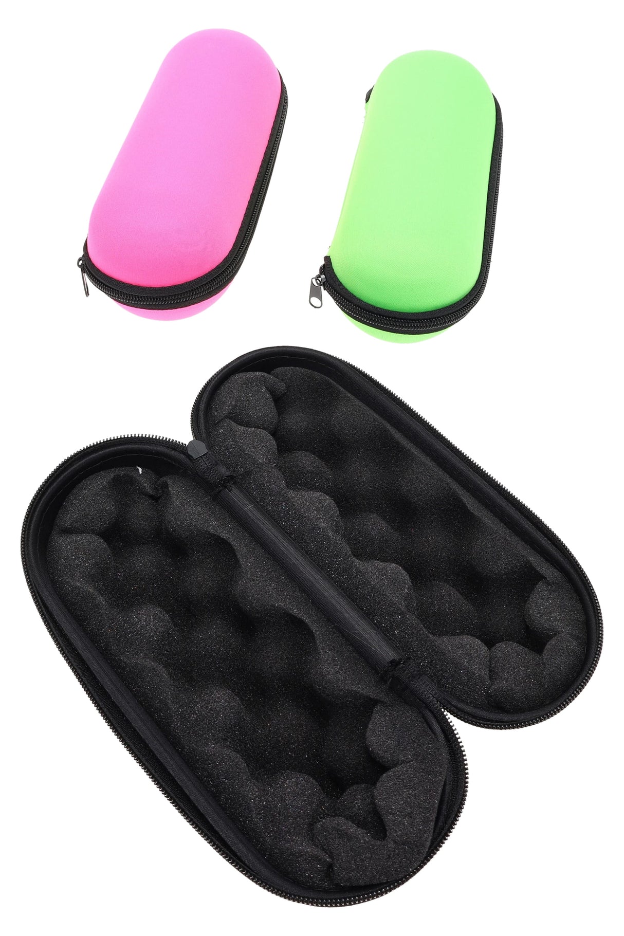 Large 8 inch hard shell zip-up pipe pouch with black egg-crate foam interior and bright assorted pink and green exteriors