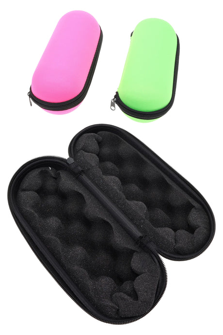 Large 8 inch hard shell zip-up pipe pouch with black egg-crate foam interior and bright assorted pink and green exteriors