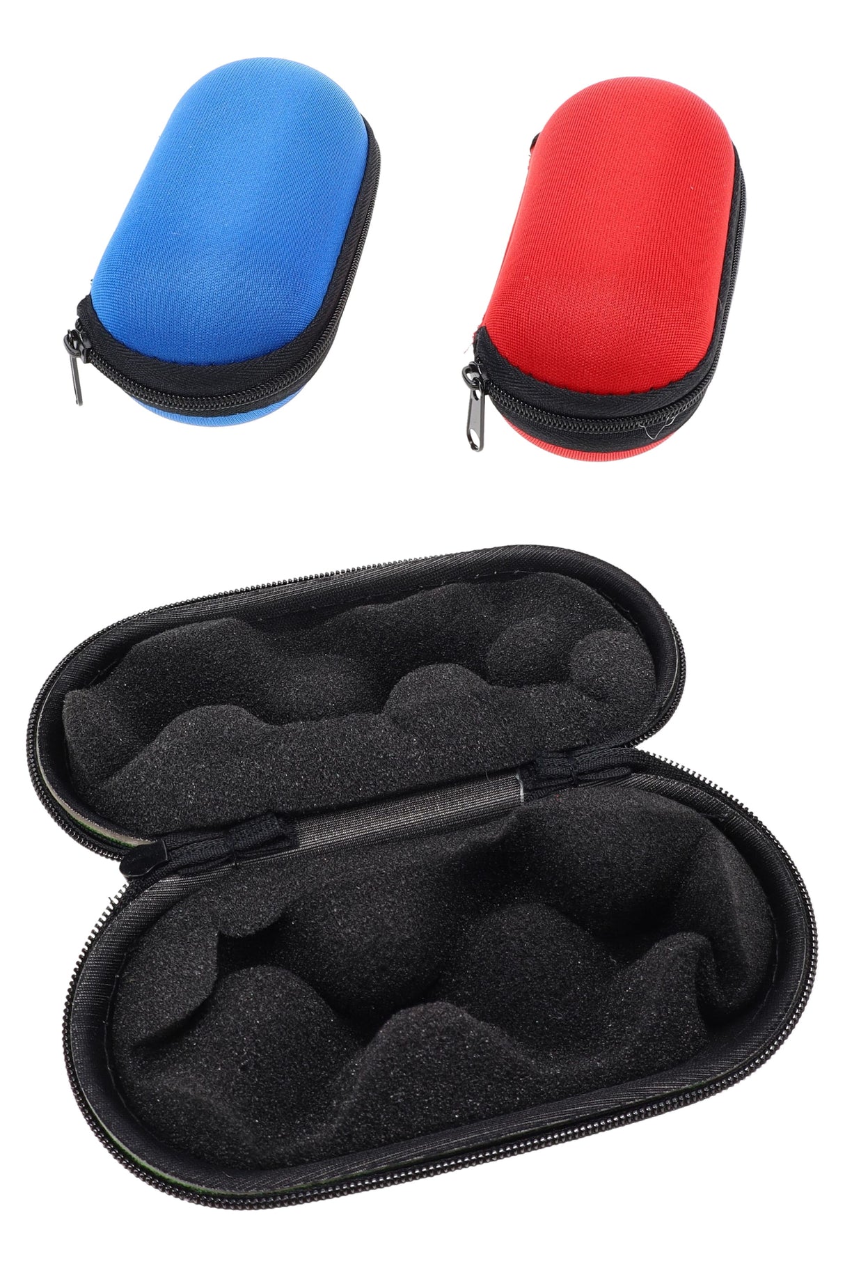 Small 5 inch hard shell zip-up pipe pouch with black egg-crate foam interior and bright blue and red cases for glass hand pipes