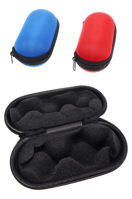 Small 5 inch hard shell zip-up pipe pouch with black egg-crate foam interior and bright blue and red cases for glass hand pipes