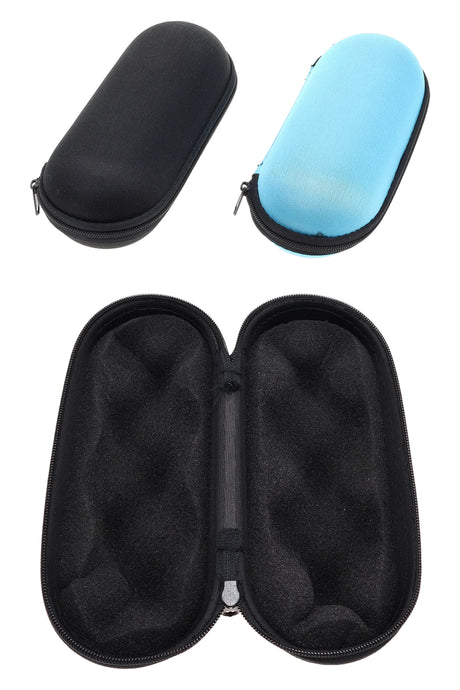 Medium 6 inch hard shell zip-up pipe pouch case with black egg-crate foam interior and assorted black and blue exteriors