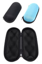 Medium 6 inch hard shell zip-up pipe pouch case with black egg-crate foam interior and assorted black and blue exteriors