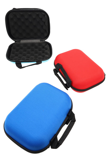 Large 10 by 7 inch hard shell zip-up carrying pouch with egg-crate foam interior and assorted blue and red exteriors shown open and closed