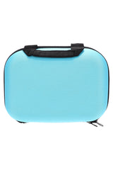 Light blue 10 by 7 inch hard shell pipe carrying pouch with black handle and zipper, closed travel case on white background