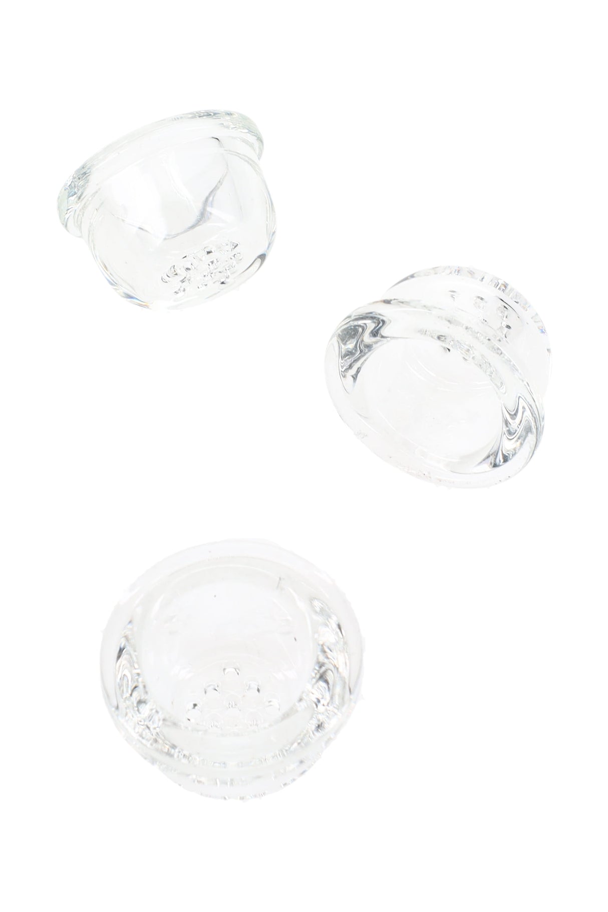Clear replacement glass screen bowl insert with built-in multi-hole screen, shown from three angles for silicone hand pipes