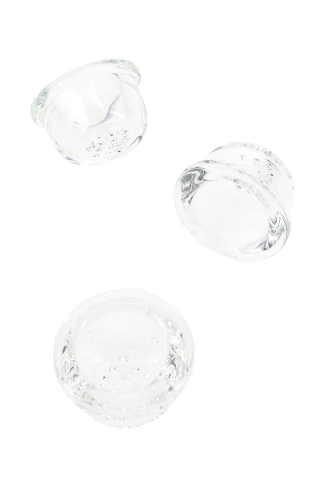 Clear replacement glass screen bowl insert with built-in multi-hole screen, shown from three angles for silicone hand pipes