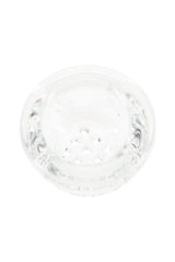 Close-up of clear glass screen bowl insert showing small airflow holes in base, compact replacement piece for silicone pipes