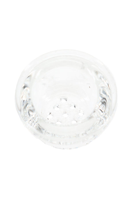 Close-up of clear glass screen bowl insert showing small airflow holes in base, compact replacement piece for silicone pipes