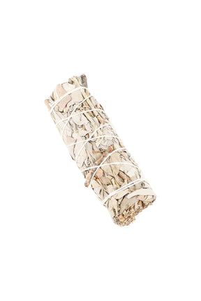 4-inch California white sage bundle tied with white string, shown on white backdrop for clean, minimalist presentation.