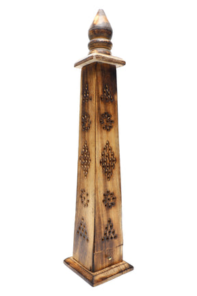 Rustic 14.5-inch wooden tower incense holder with carved floral vents and pedestal base, photographed on white for full height detail.