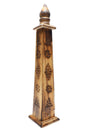 Rustic 14.5-inch wooden tower incense holder with carved floral vents and pedestal base, photographed on white for full height detail.