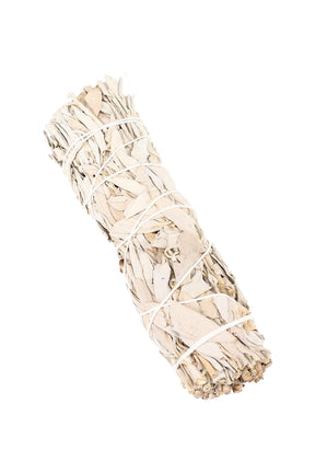 Six-inch California white sage smudge stick tightly wrapped with cotton twine, displayed on crisp white studio backdrop for product detail.