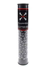 Flux Tar Cutter refill tube filled with activated carbon beads standing upright on white, black label with red trim visible