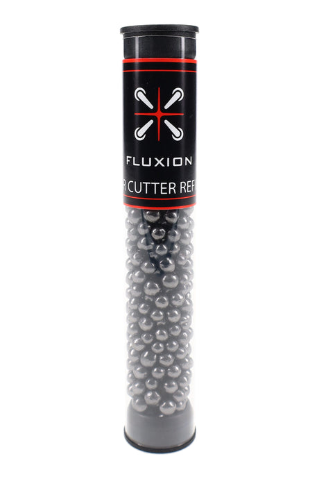 Flux Tar Cutter refill tube filled with activated carbon beads standing upright on white, black label with red trim visible