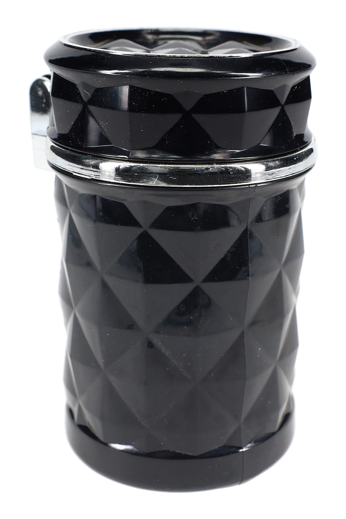 Glossy black diamond-pattern LED car ashtray closed, 3.5-inch cup-holder design with chrome accent band, front studio view.