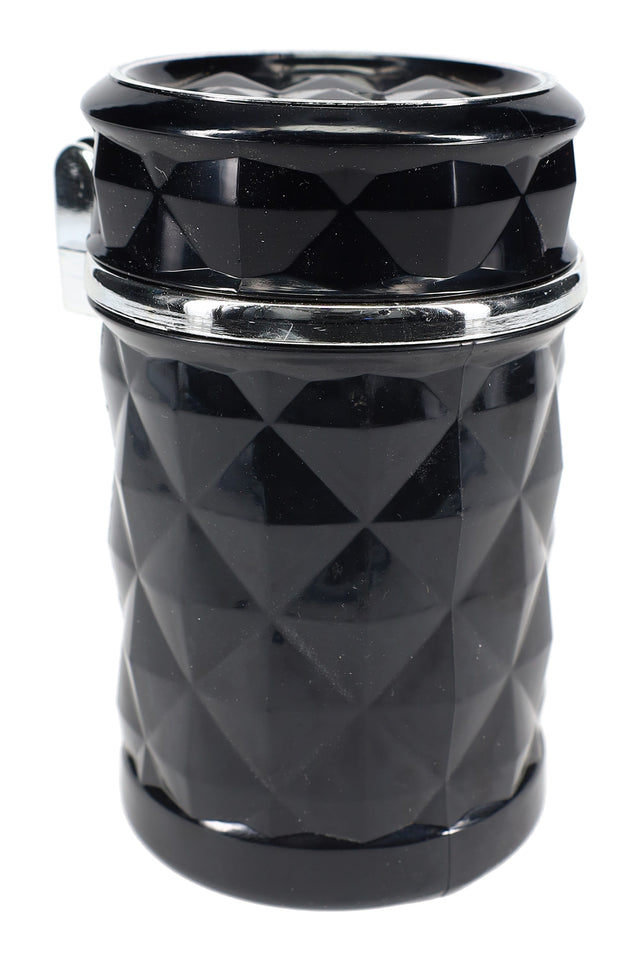 Glossy black diamond-pattern LED car ashtray closed, 3.5-inch cup-holder design with chrome accent band, front studio view.