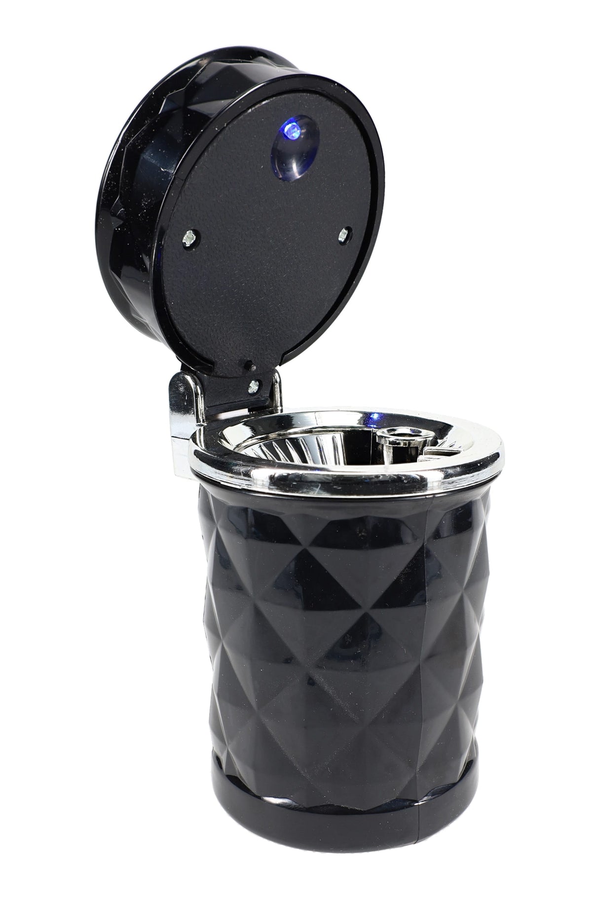 Open black diamond cup-holder ashtray showing blue LED light, hinged lid, and stainless inner bowl, angled white-background shot.
