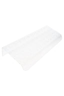 Clear tiered acrylic display rack with 48 drilled slots, empty and side-angled on white background