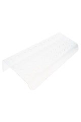 Clear tiered acrylic display rack with 48 drilled slots, empty and side-angled on white background
