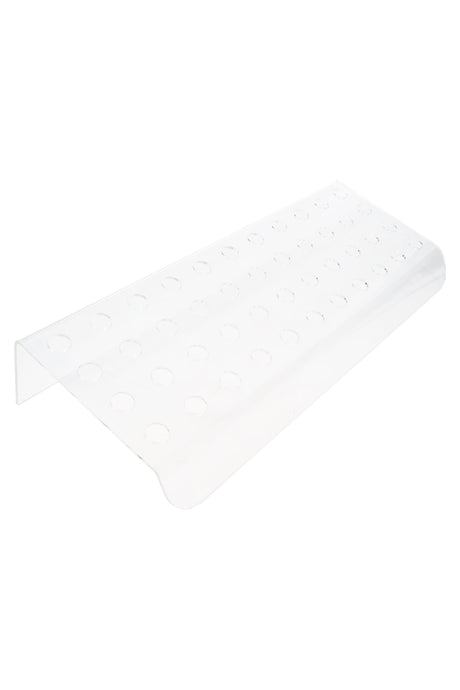 Clear tiered acrylic display rack with 48 drilled slots, empty and side-angled on white background