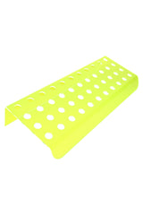 UV-reactive yellow tiered acrylic bowl display stand with forty-eight 14 mm holes, empty and angled on white background