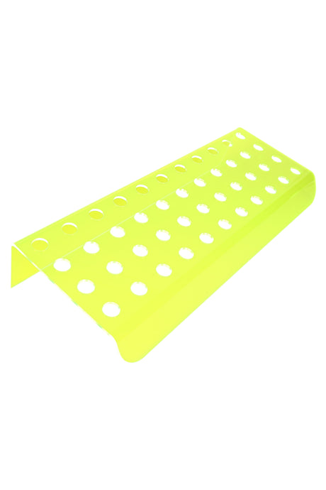 UV-reactive yellow tiered acrylic bowl display stand with forty-eight 14 mm holes, empty and angled on white background