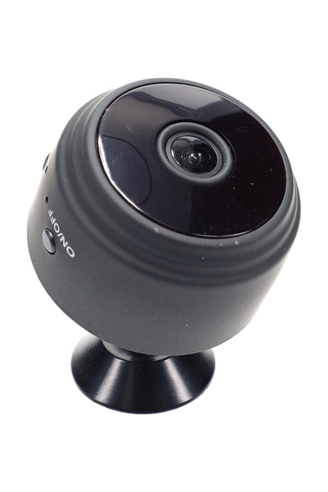 Wi-Fi magnetic mini camera with glossy black lens panel and 360-degree swivel base, angled front view on white background