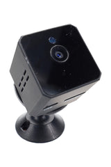 Cube-shaped mini 1080p motion-detect camera on magnetic swivel mount, angled front view on white background, USB and Micro SD slots visible