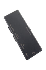 Flat-lay of slim voice recorder camera displaying labeled buttons and micro SD slot on white background