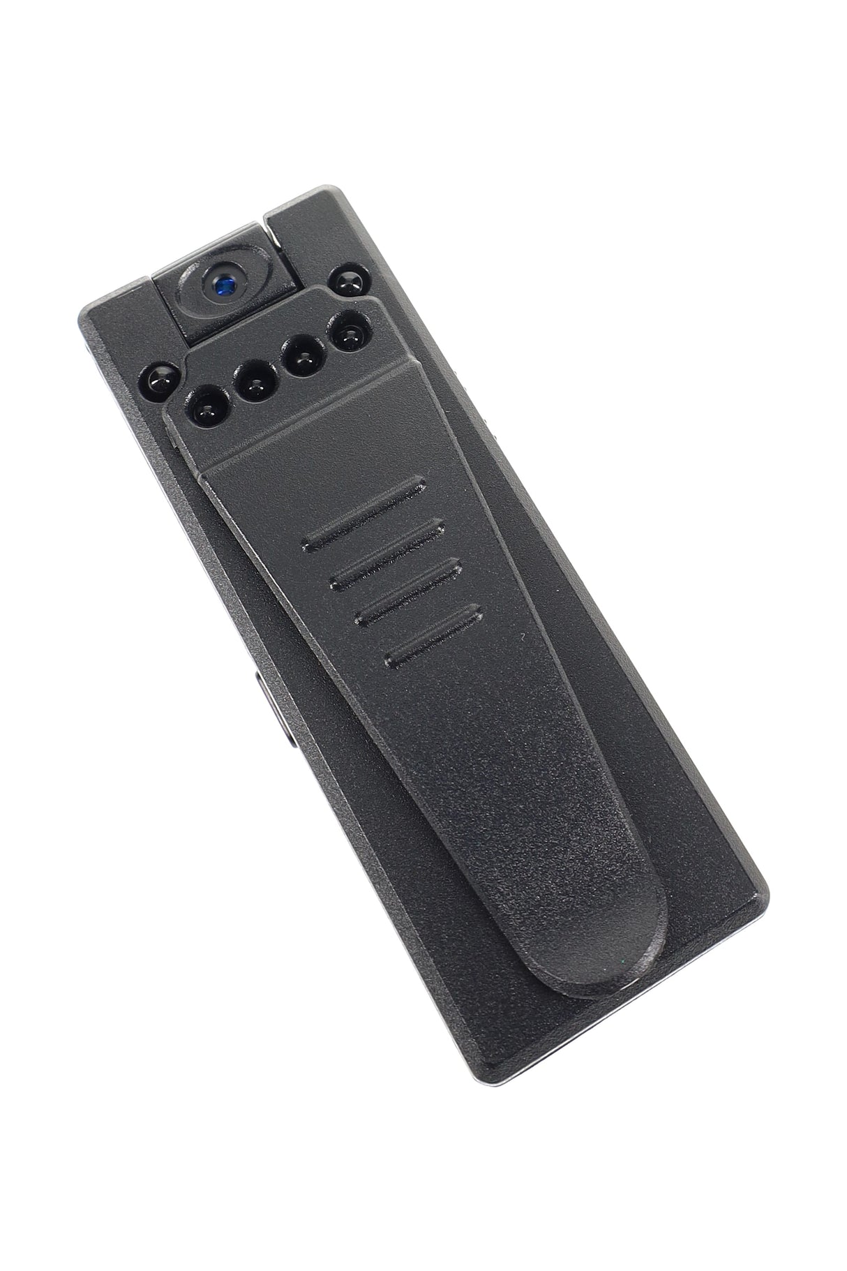 Clip side of mini recorder highlighting covert lens and IR array, angled on white background