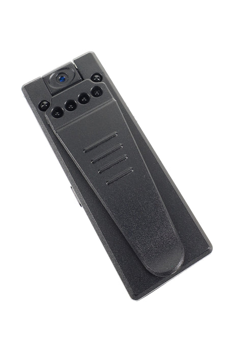 Clip side of mini recorder highlighting covert lens and IR array, angled on white background