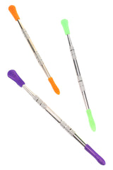 Double-ended metal dab tool with colorful silicone tips, knurled grip handle for precise loading of wax and rosin, shown in assorted colors.