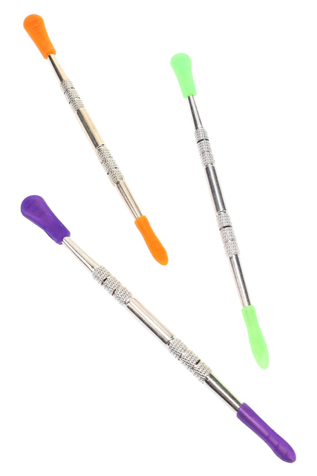 Double-ended metal dab tool with colorful silicone tips, knurled grip handle for precise loading of wax and rosin, shown in assorted colors.