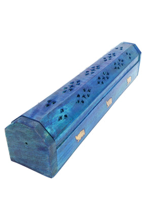 Blue stained 12-inch wood incense burner with brass elephant inlays and vent cut-outs, closed, angled on white background.