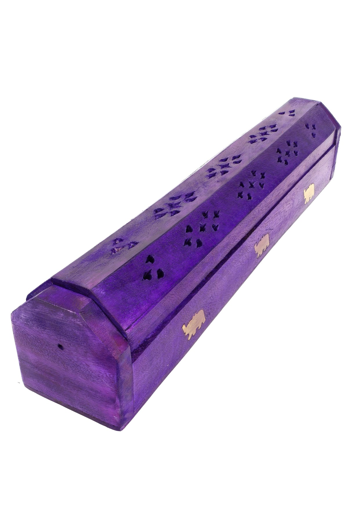 Purple stained 12-inch wooden incense box with brass elephant inlays and lid cut-outs, closed, angled three-quarter view.