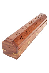 Natural finish 12-inch wood incense box with brass elephant inlays and heart cut-outs, closed, angled on white background.