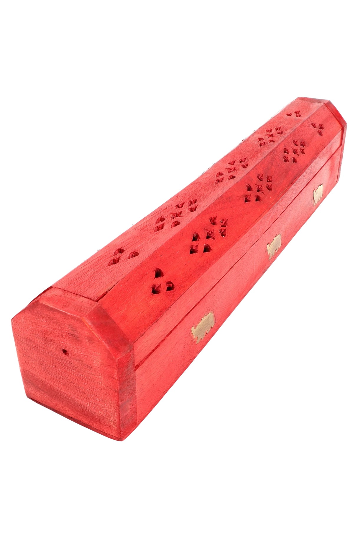 Red stained 12-inch wooden incense coffin box with brass elephant inlays, decorative vent cut-outs, closed, perspective view.