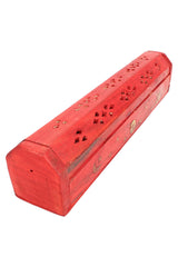 Red distressed 12-inch wood incense box with brass celestial inlays and vent cut-outs, closed, angled on white background.