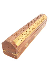 Natural wood 12-inch incense burner box with brass elephant inlay, carved lid vent holes, closed, angled three-quarter view.