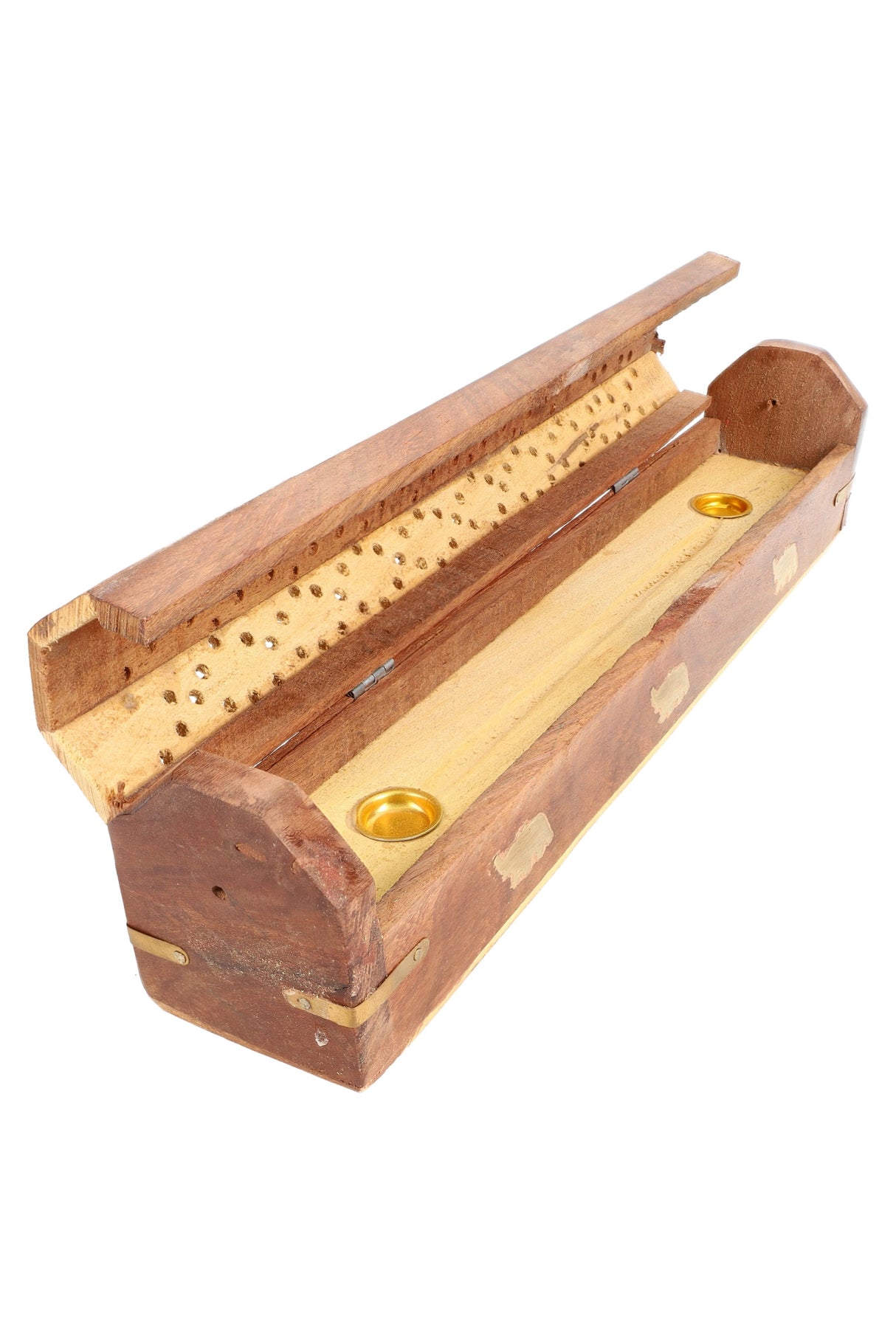 Natural wood incense coffin box open, showing hidden storage, brass cone holders, perforated lid, and interior hinge detail.