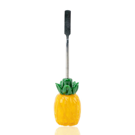 Front view of 5-inch pineapple glass dabber on white backdrop highlighting stainless flat scoop and sculpted green leaves.