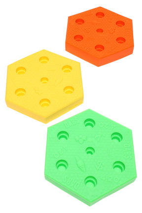 Multicolor honeycomb silicone display stand with seven bowl slots for 10–18.8 mm slides, top-down view on white