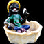 Wide resin ashtray shaped like seashell with chill Rasta wearing striped hat, holding joint above cream-textured basin, black background.