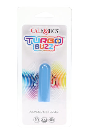 Light blue Turbo Buzz rounded mini bullet vibrator in retail pack, 10 functions, USB rechargeable and IPX7 waterproof.