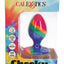 Medium tie-dye silicone butt plug with silky smooth finish and suction cup base, shown boxed in CalExotics Cheeky packaging.