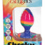 Medium swirl tie-dye silicone butt plug with textured ridges and suction cup base, displayed in CalExotics Cheeky retail box.